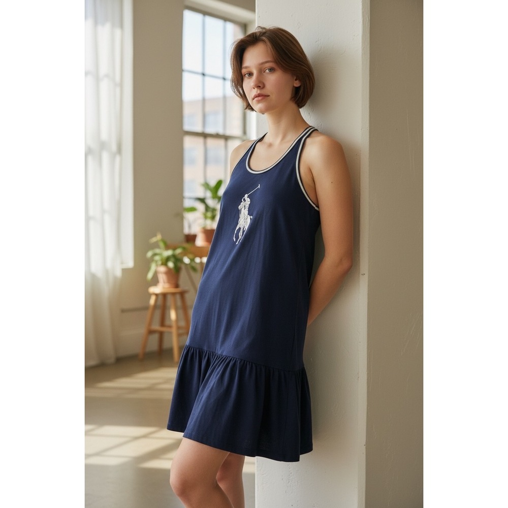 Ralph Lauren Girls Navy Blue Big Pony Drop Waist‎ Racerback Dress XL 16